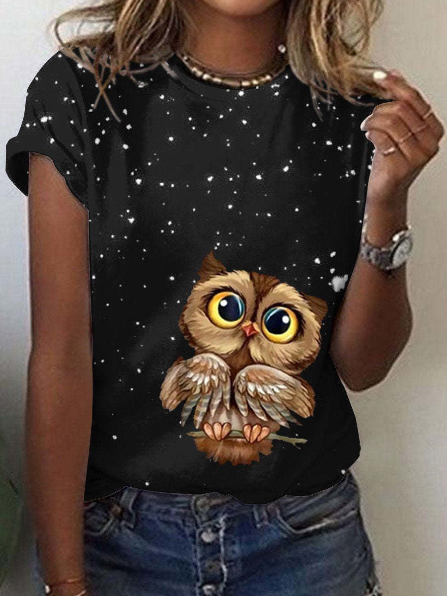 Cute Owl Pattern 3D Printed Round Neck Short Sleeve