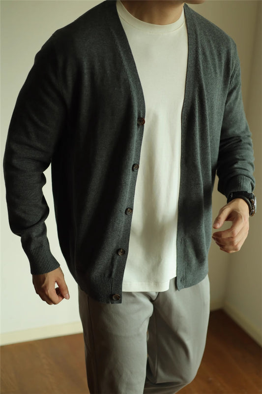 Knit Cardigan Coat Slim-fit Long Sleeve Solid Color And V-neck 100 Cotton