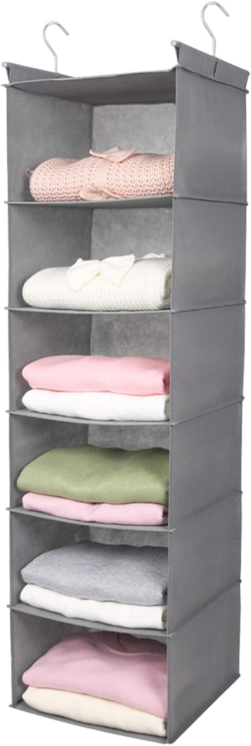 6 Tier Shelf Hanging Closet Organizer, Closet Hanging Shelf with 2 Sturdy Hooks for Storage, Foldable (Grey)