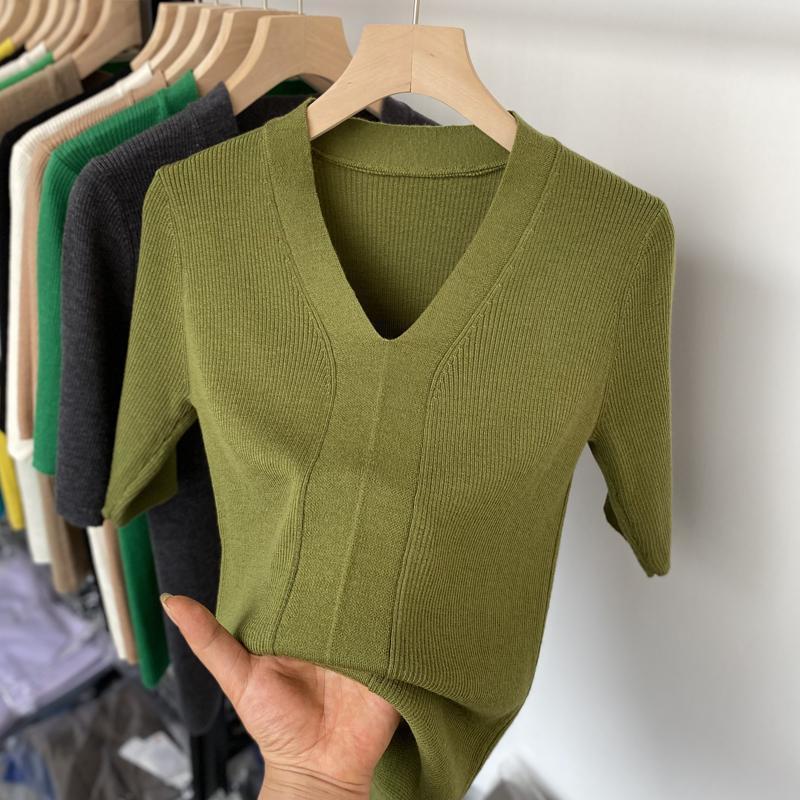 Ice Silk Slim Fit Slim Looking Base Knitwear Short Sleeve