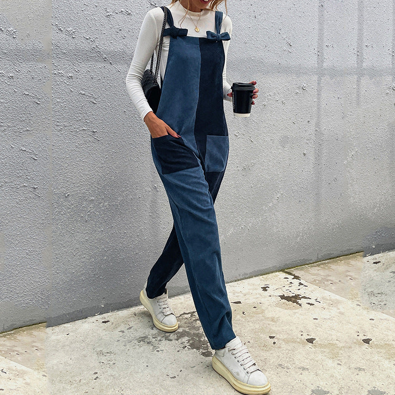 Two-color Stitching Casual Symmetrical Straps Long Ladies Jumpsuit
