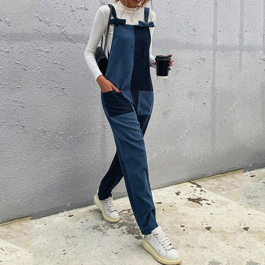 Two-color Stitching Casual Symmetrical Straps Long Ladies Jumpsuit