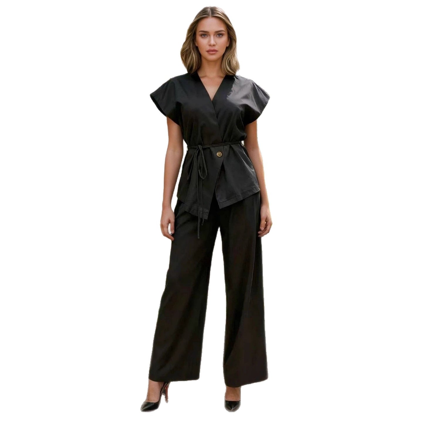 Womens Casual Vest And Pants Set With Ties Solid Color