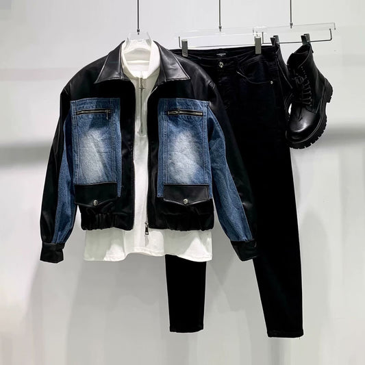 High-grade Stitching PU Leather Coat Cross-border Denim Coat