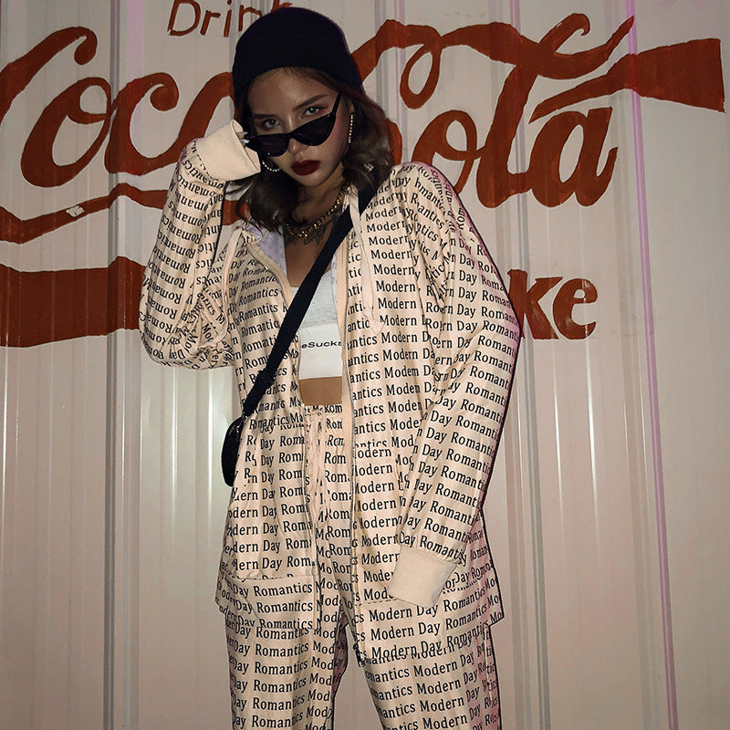 Letter printed hooded jacket casual pants