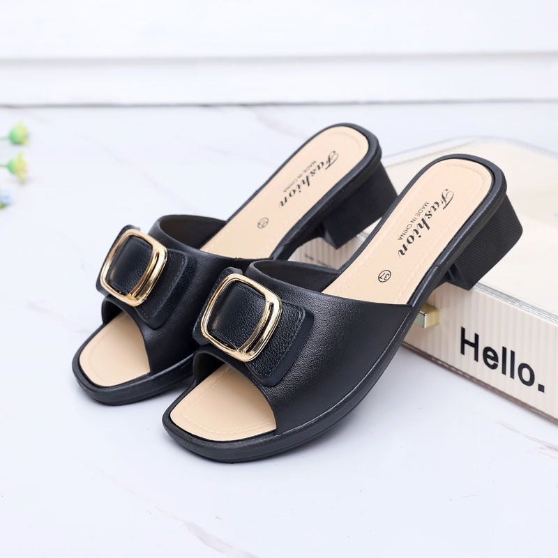 High Heel Slippers Women's Summer Slippers Korean Style Internet Celebrity Buckle Chunky Heel Lady Mom Slippers Outdoor Beach Shoes
