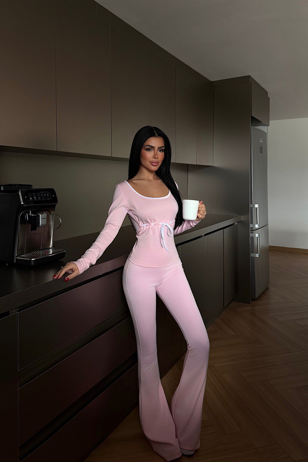 Long-sleeve Drawstring Top And Floor-length Pants Two-piece Set