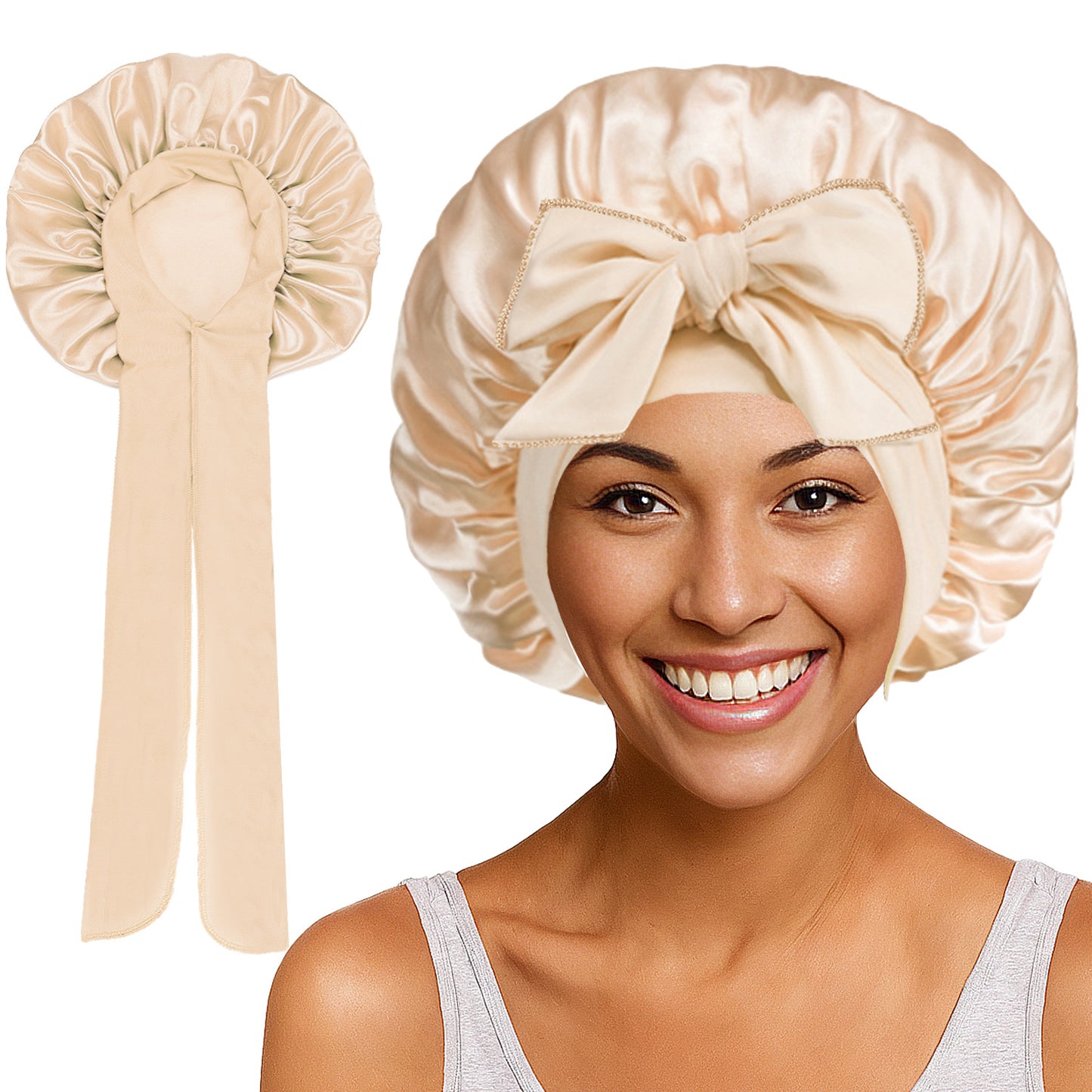 Satin Round Cap Bow Elastic Wide-brimmed Ribbon Nightcap