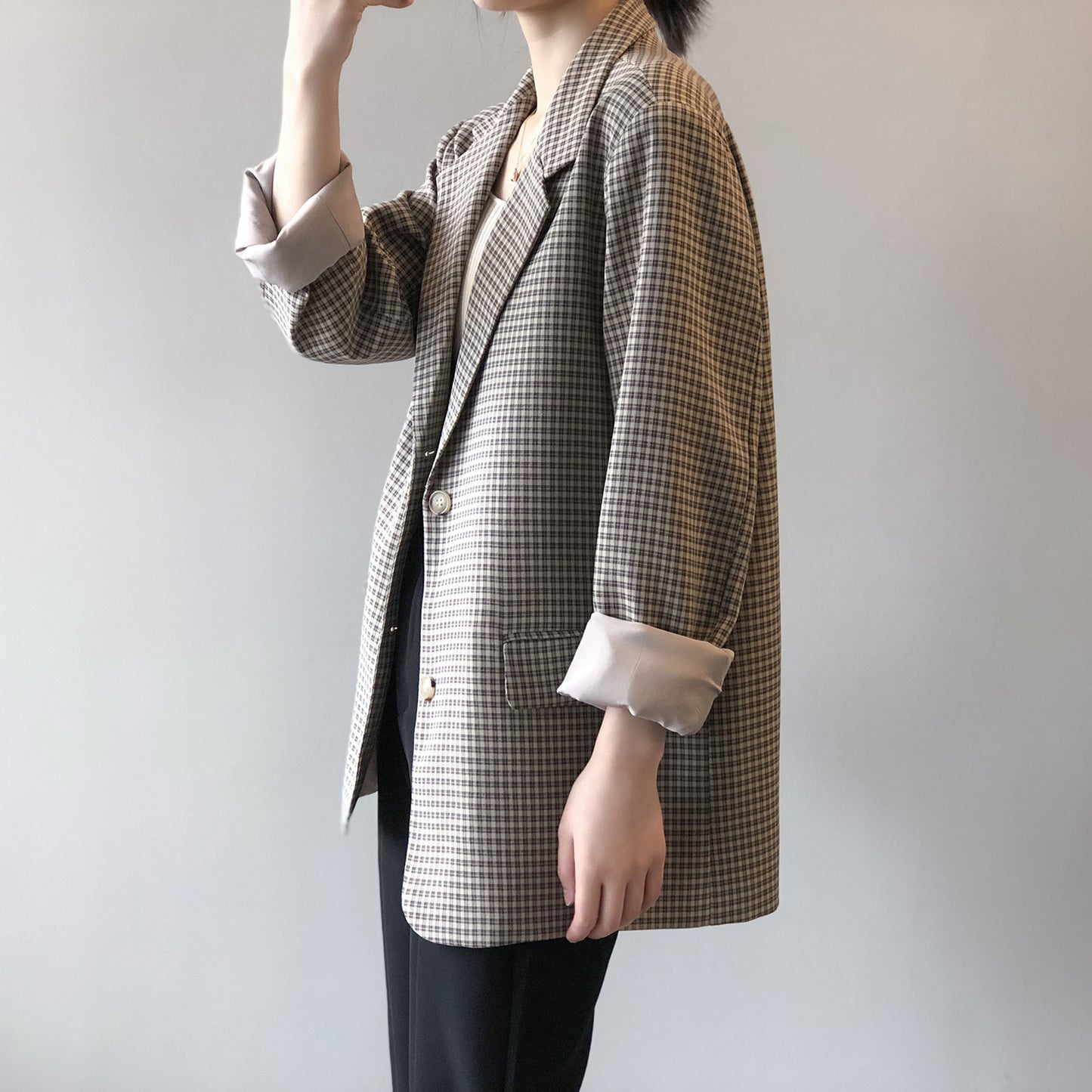 Retro Loose Mid-length Plaid Suit Top