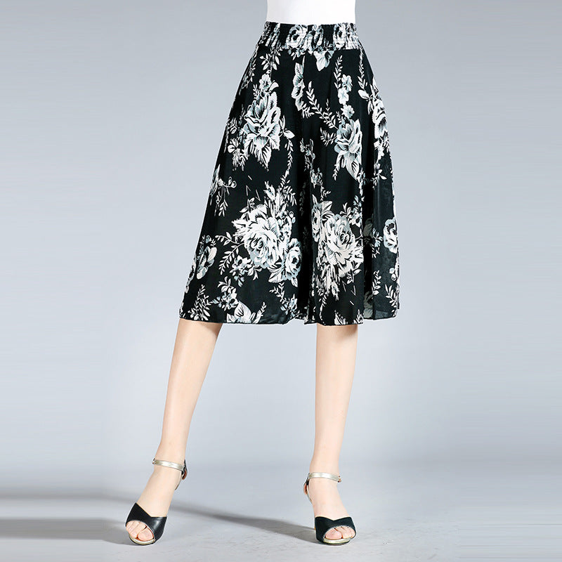 Summer Middle-aged And Elderly Women's Floral Elastic Waist Culottes