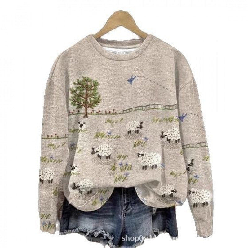 Womens Fresh And Casual Crew-Neck Printed Sweatshirt Top