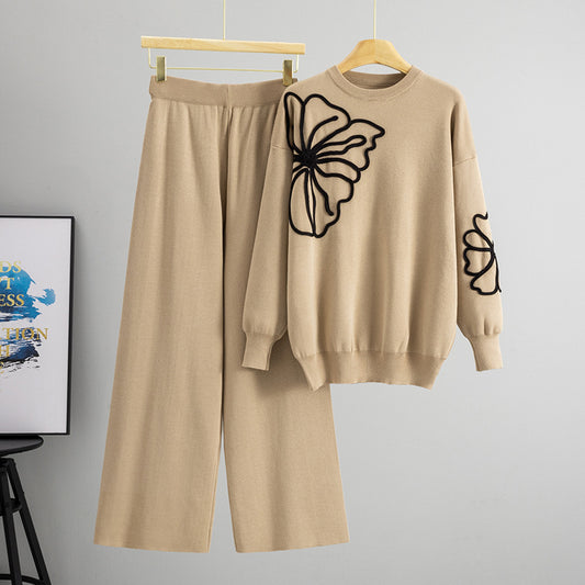 Long-sleeve Floral Sweater And Casual Wide-leg Pants Set