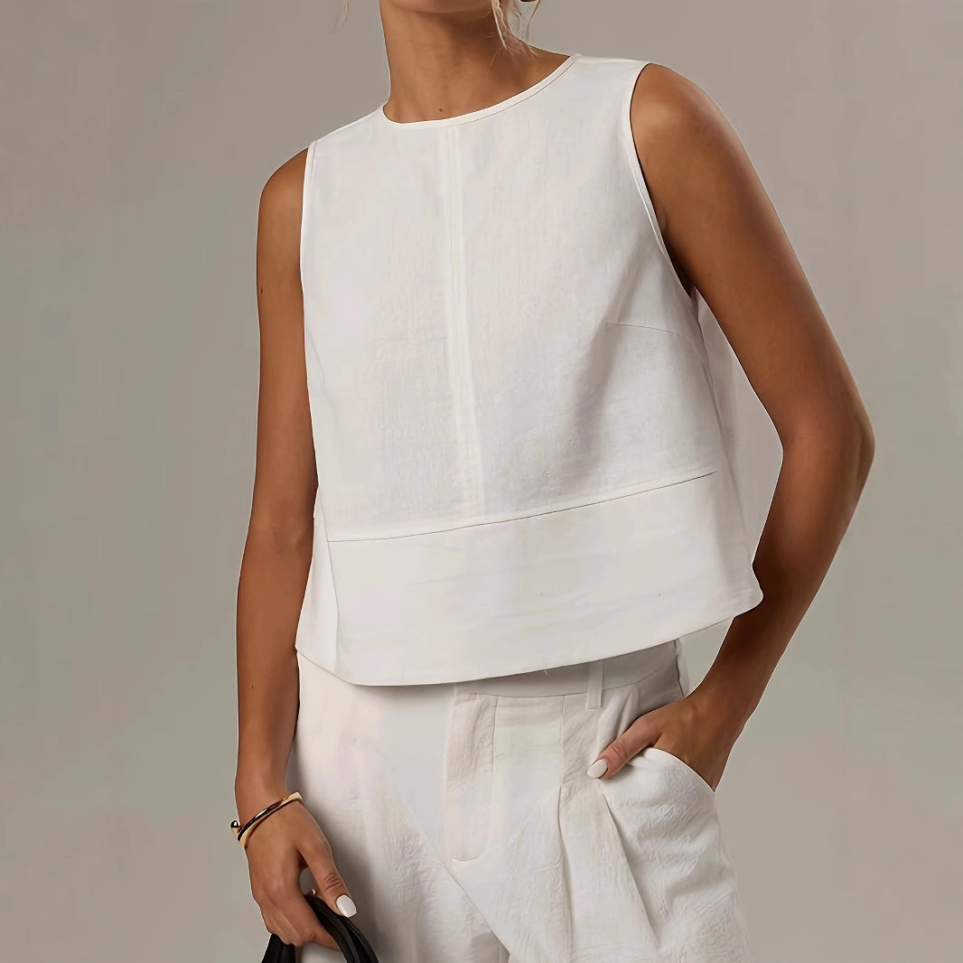 Casual Solid-color Crew-neck Sleeveless Loose-fit Shirt