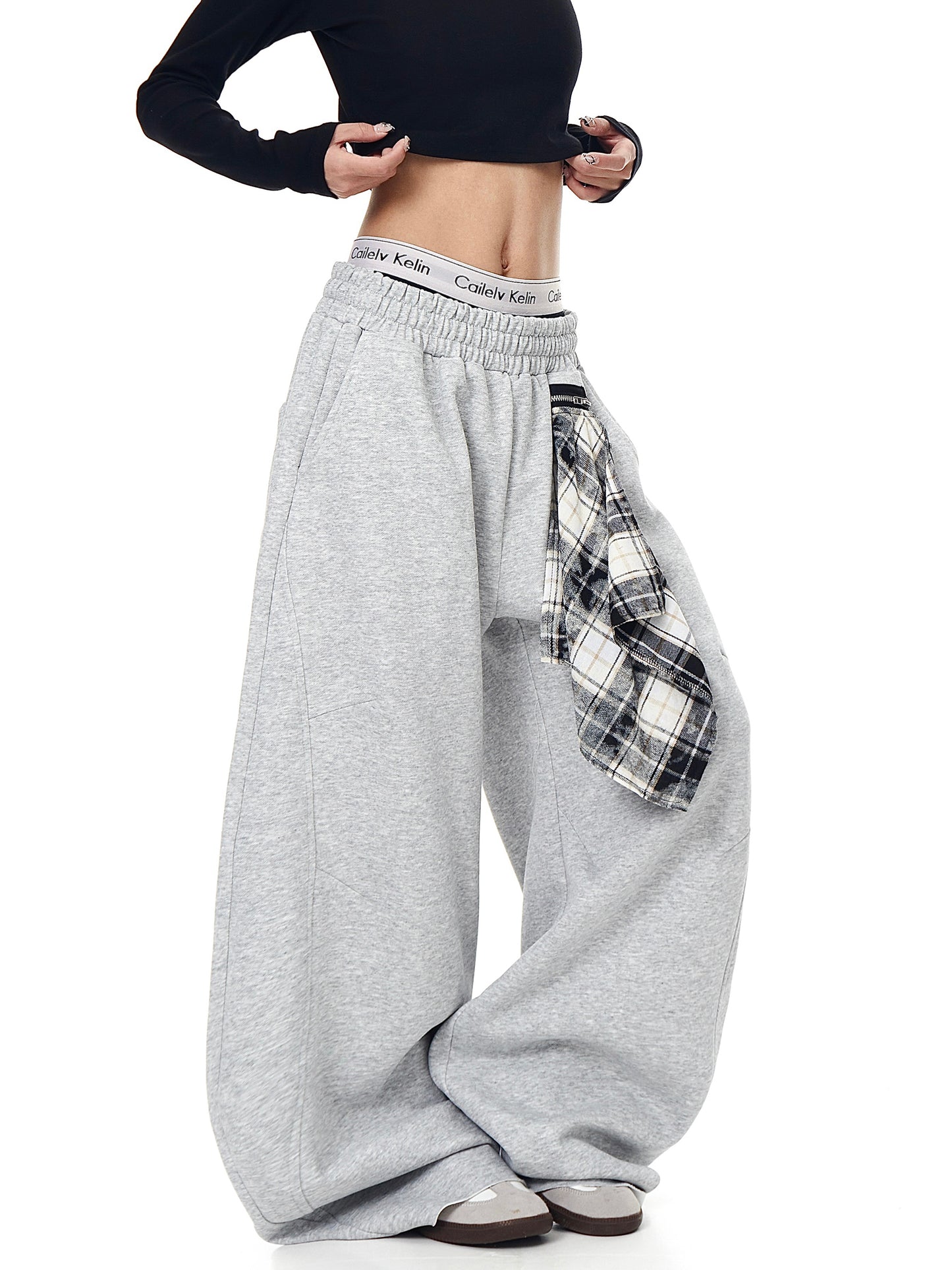 Retro Detachable Plaid Square Scarf Loose Wide-leg Pants
