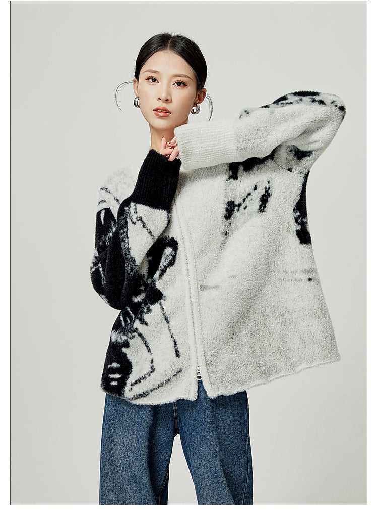Grey Color Blocked Cardigan Sweater Round Neck Knit