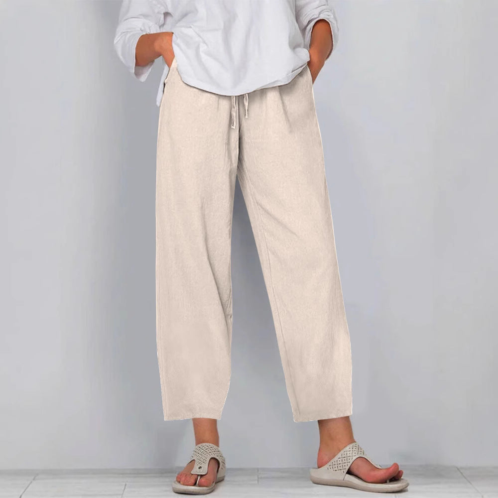 Elastic Waist Solid Color Cotton And Linen Wide Leg Casual Trousers