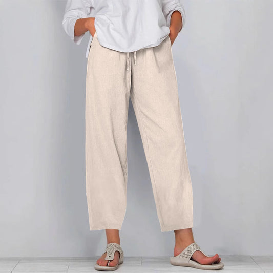 Elastic Waist Solid Color Cotton And Linen Wide Leg Casual Trousers