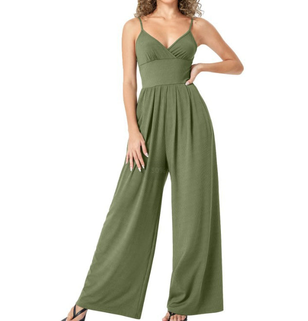 Solid Color Straight Strap Casual Jumpsuit
