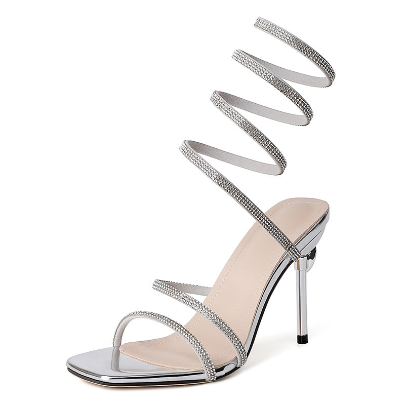 Rhinestone Snake-shaped Winding Tape Hollow Stiletto Heel High Heel Sandals