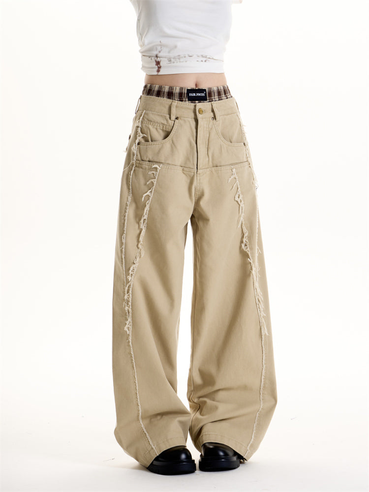 American Retro Style Wool Tassel Deconstructive Design Jeans