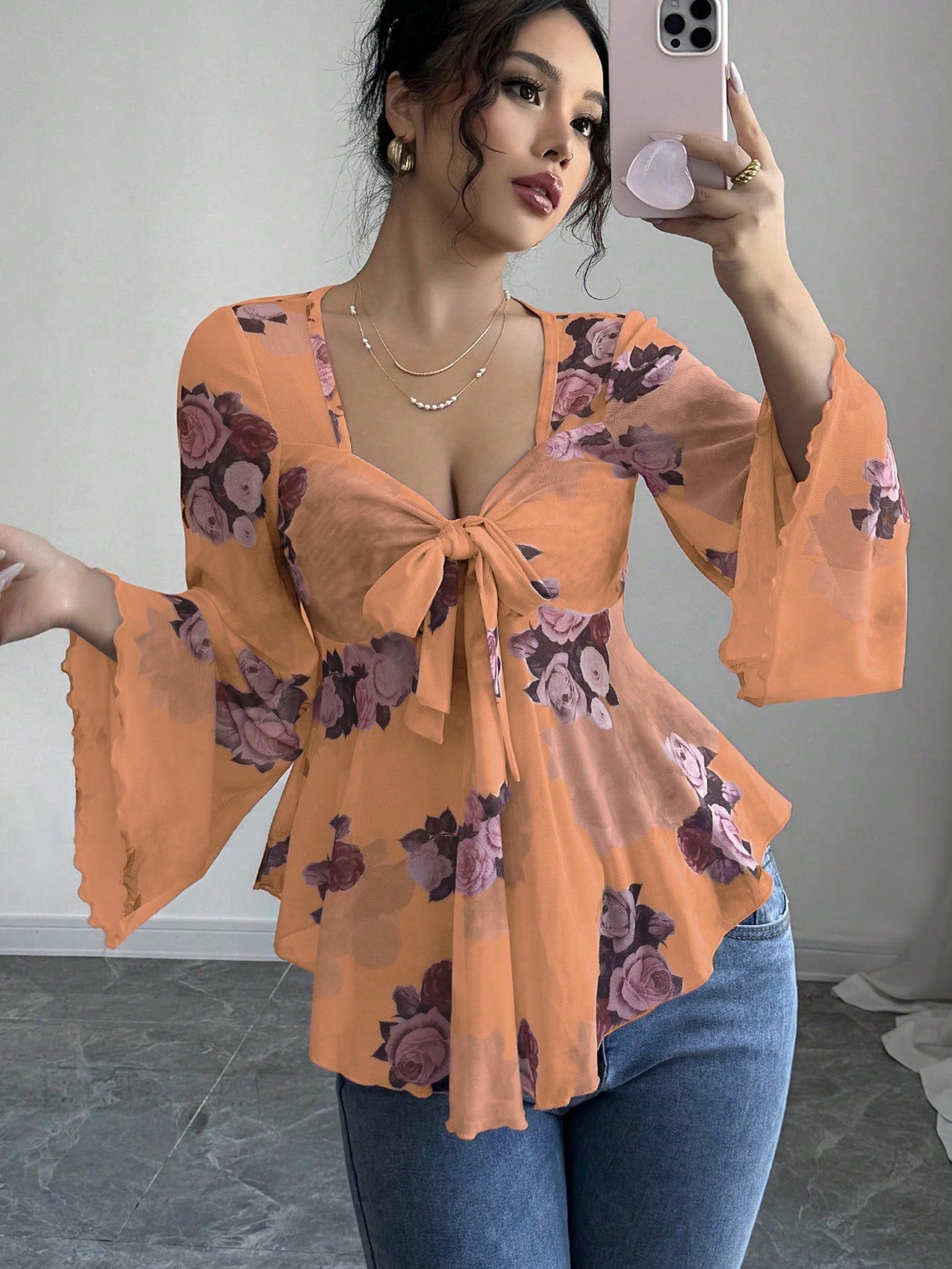 European And American Design Sense French Sweet Flower Blooming Lace-up Square Collar Long Sleeve Shirt
