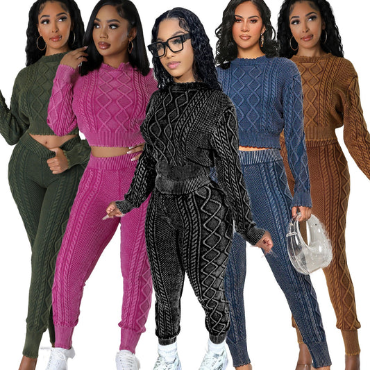 Women's Washable Vintage Knit Diamond Pattern Cable Sweater Set