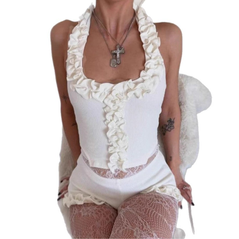 Fashionable Solid-Color Slim-Fit Sexy Lace Tank Top And Shorts Set