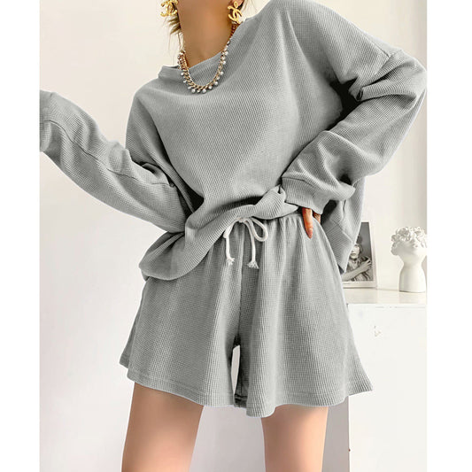 Knitted Long-sleeve Top And Shorts Pullover Vintage Set With Pockets