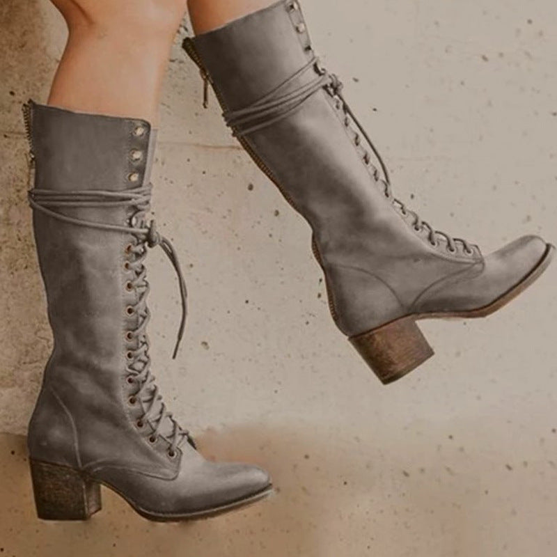 New Lace-up Boots Women's Boots Thick Heel Plus Size 40-43