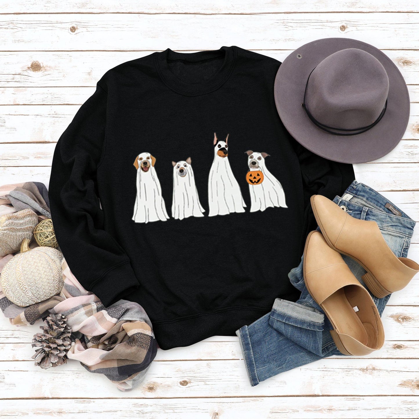 Halloween Ghost Puppy Printed Round Neck Long Sleeve Sweater