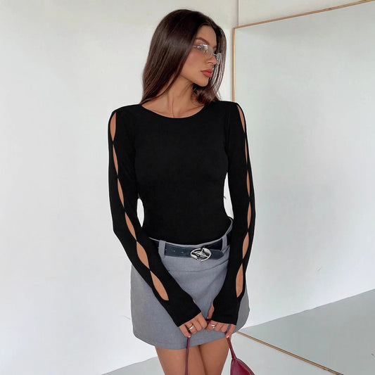 Hollow-out Long Sleeve T-shirt Slim Fit Round Neck Women