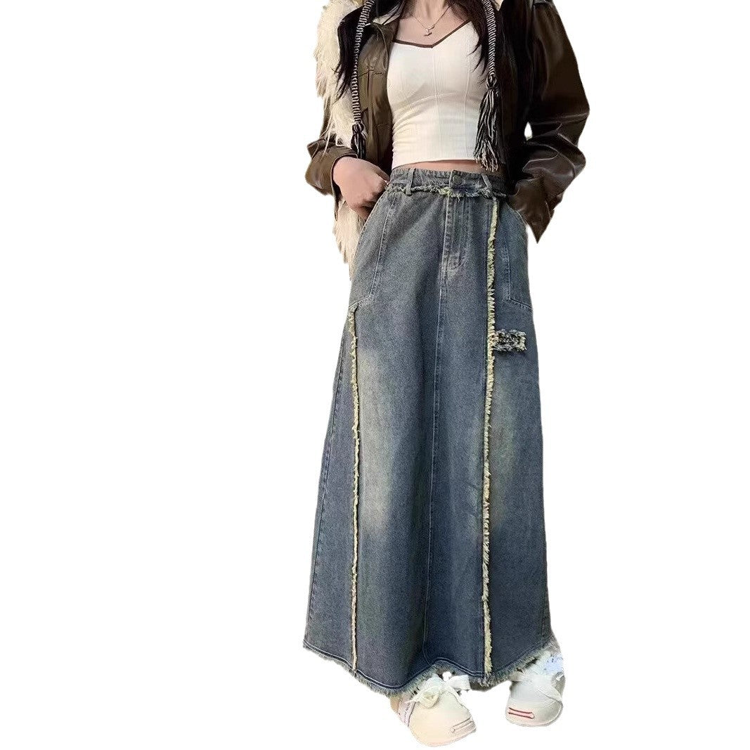 Autumn Design Sense Niche Frayed Retro High Waist Denim Skirt For Women