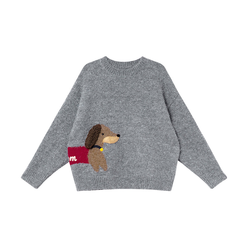 Dog Jacquard Retro Crew Neck Pullover Sweater