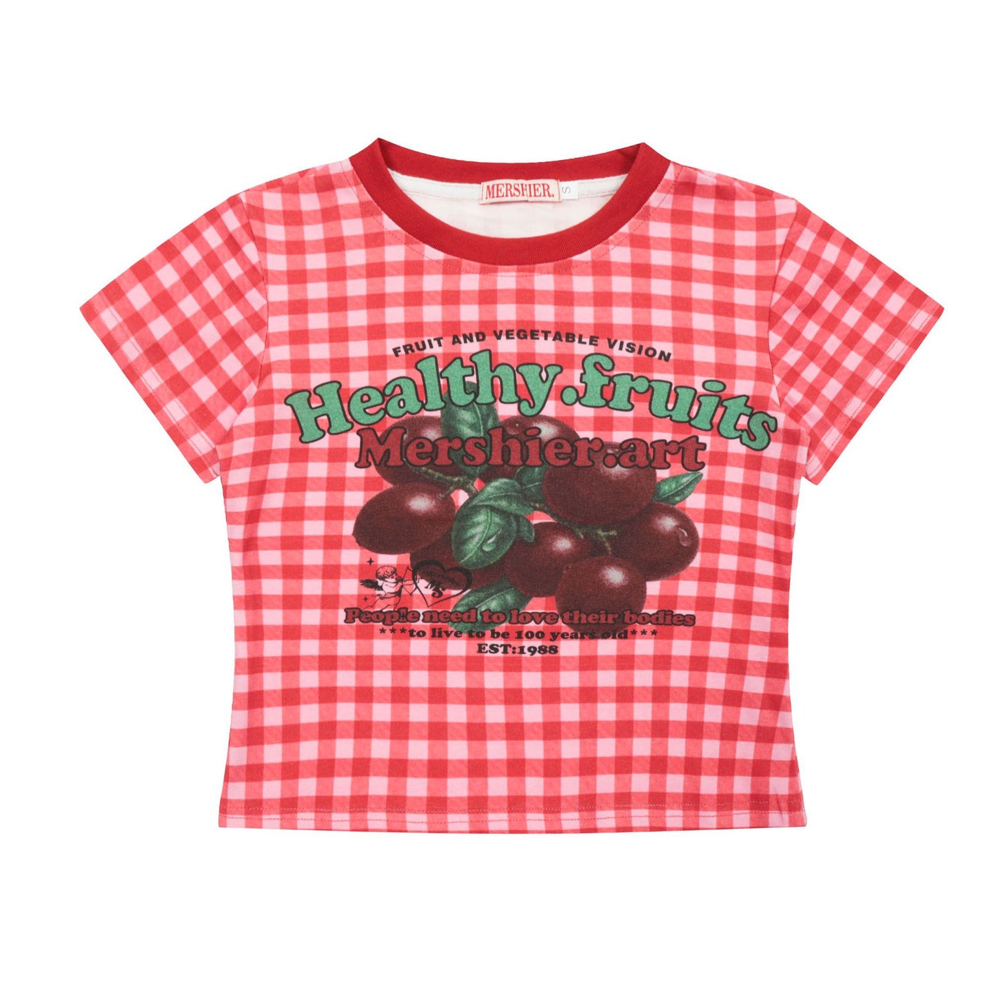 Women's Retro Red Plaid Off-Shoulder Short Sleeve Top With Cherry Print