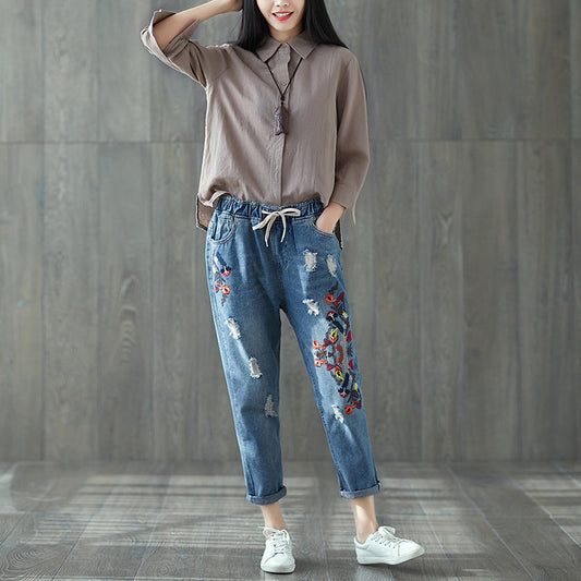 Artistic Embroidery Loose All-match Ripped Elastic Waist Cropped Jeans