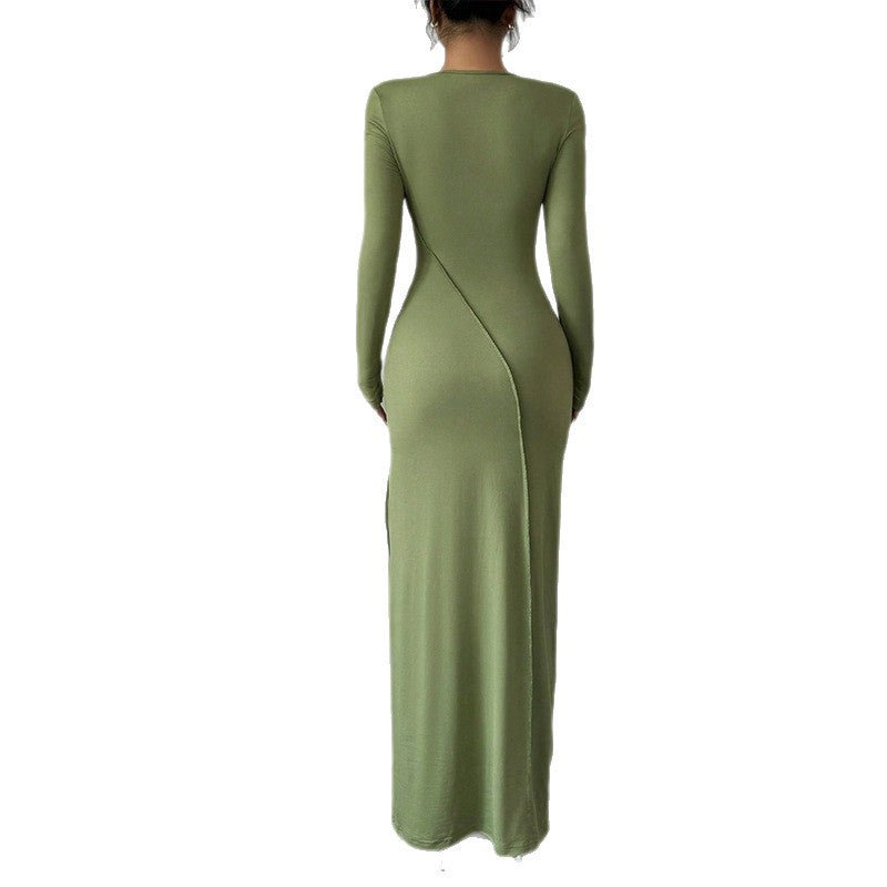 Casual Slim-fit Solid-color Long-sleeve Crew-neck Sheath Dress