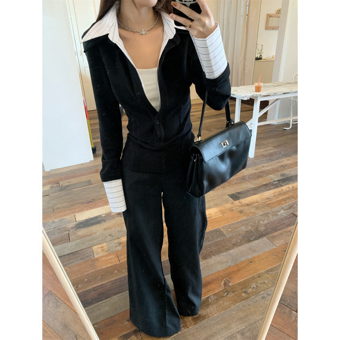 False Two-piece Patchwork Lapel Knitwear Female Winter Coat