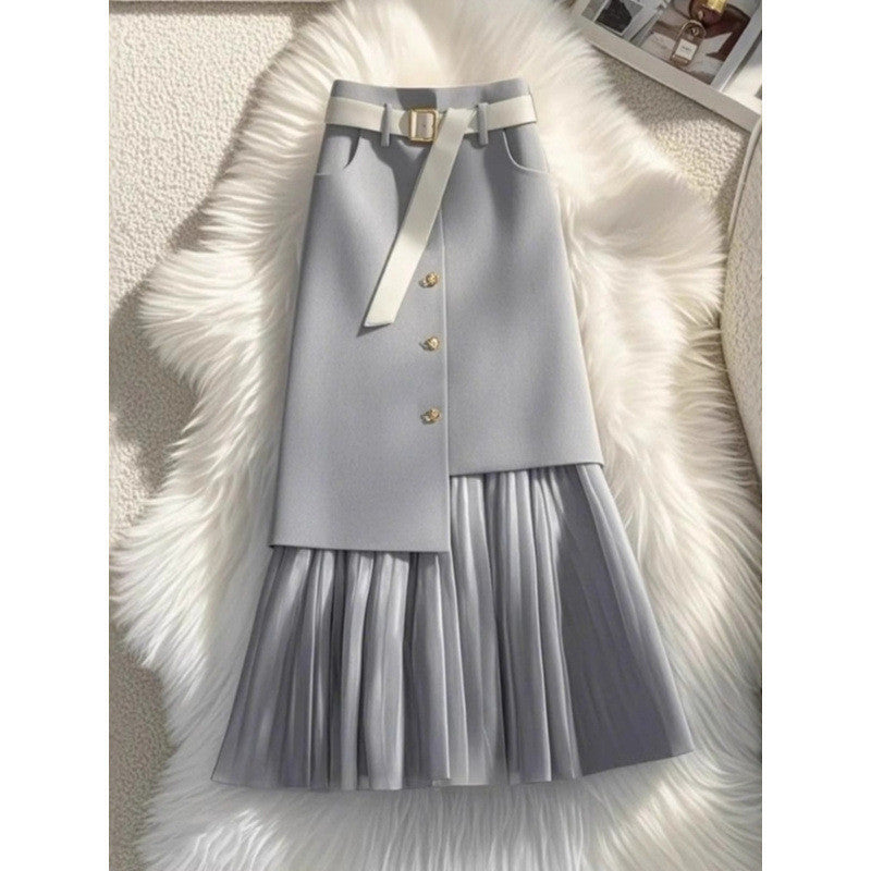 Womens Mid-Length Straight Skirt With Gray Patchwork Design