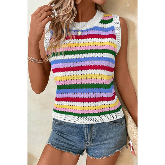 European And American Dopamine Contrast Color Striped Round Neck Pullover
