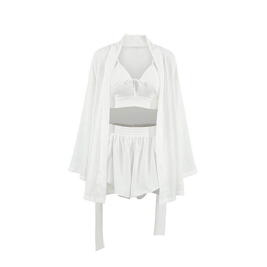 Chiffon Long-sleeved Sexy Underwear Slit Shorts Three-piece Pajamas