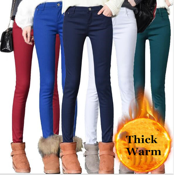 Thick pencil outer wear denim and long plus velvet boots