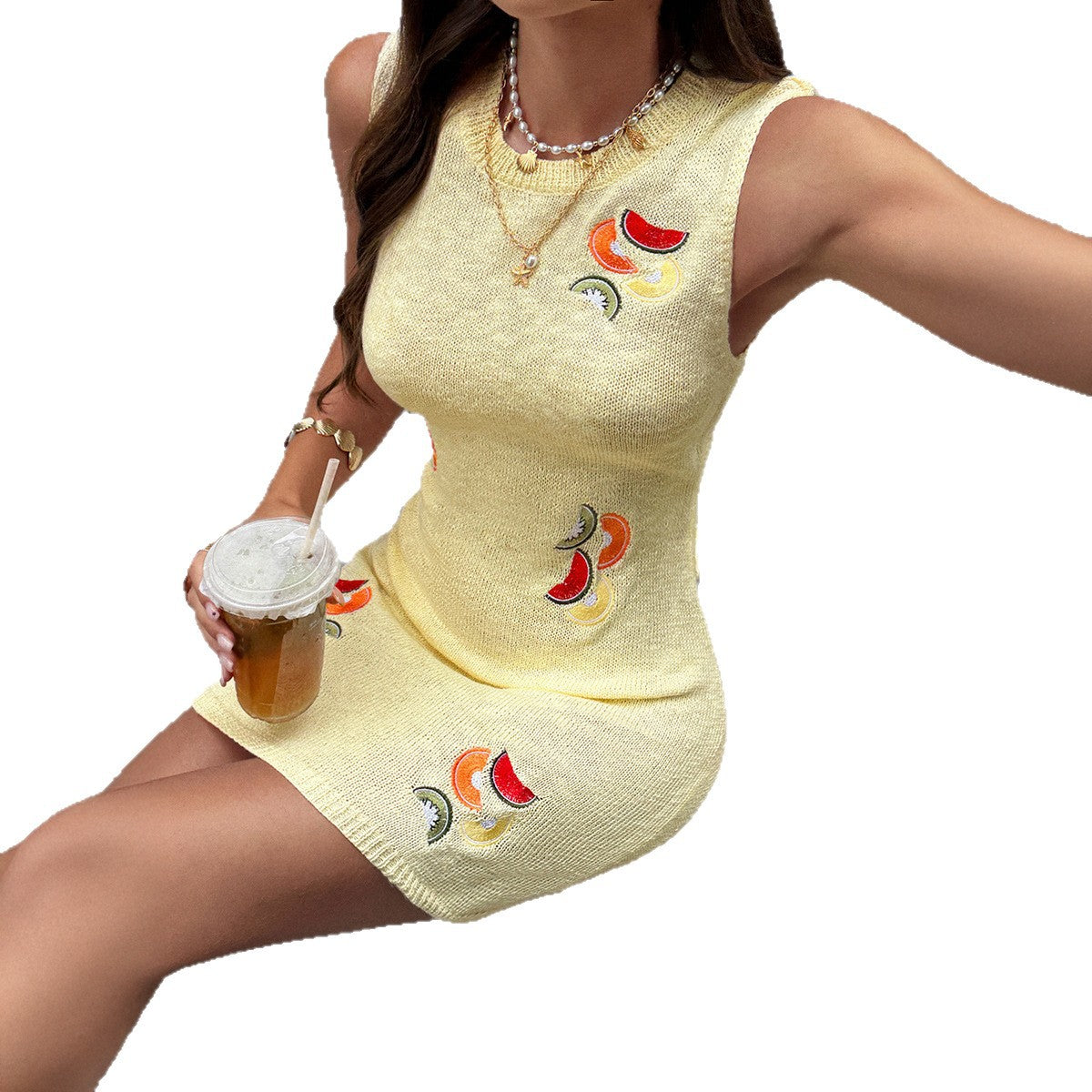 Womens Fruit-Embroidered Knit Bodycon Sleeveless Dress On Amazon