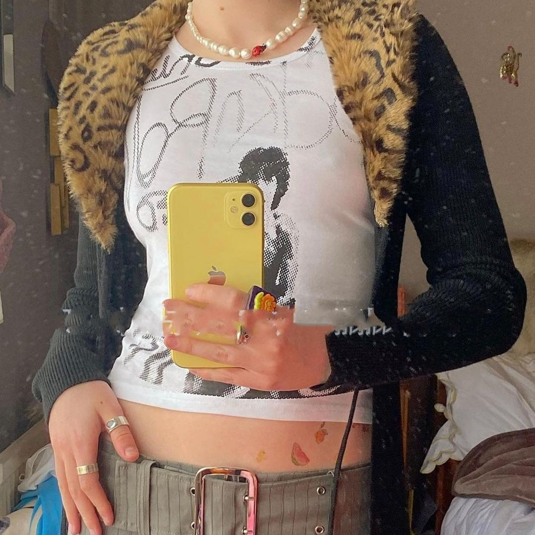 Portrait Printed Sexy Round Neck Bottoming With Inner And Outer Tops