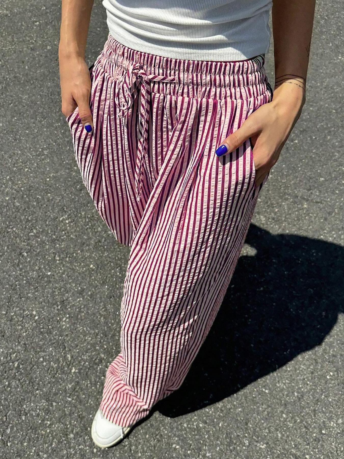Women's High Waist Loose Casual Striped Straight-leg Pants