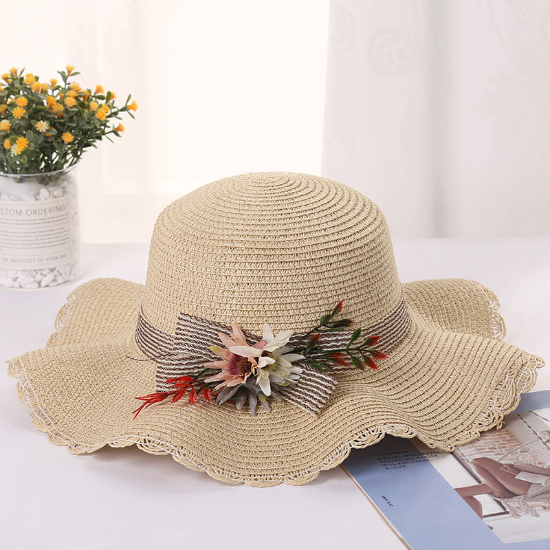 Ladies Flower Wavy Brim Outdoor Sun Protection Straw Hat