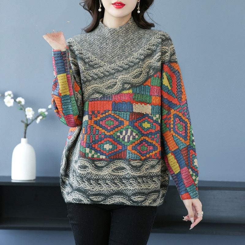 Plus-sized Fashion Personalized Printing Knitted Pullover Sweater