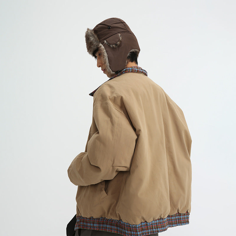 Plaid Reversible Cotton Coat Retro Casual Polo Collar Cotton-padded Jacket