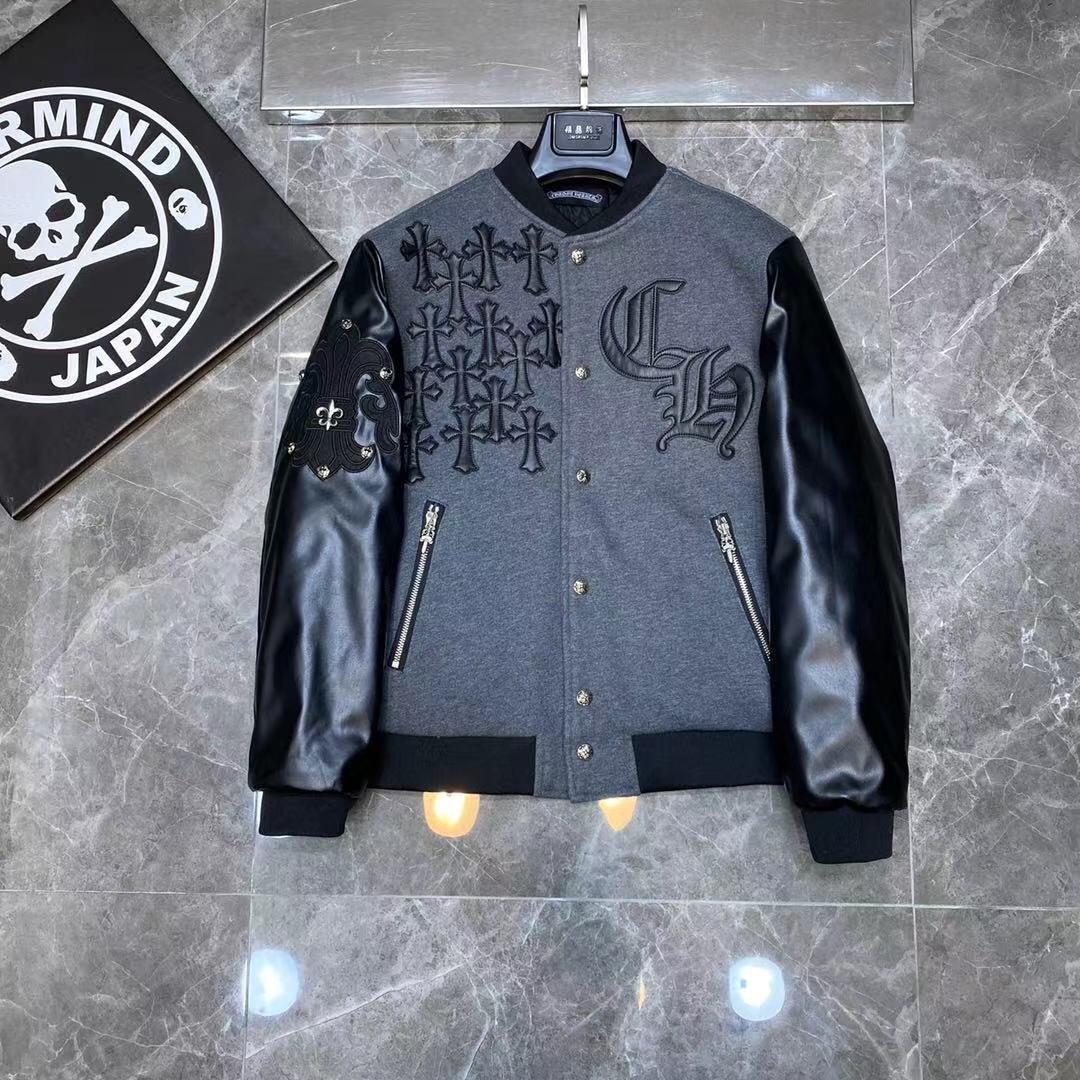 Sanskrit Cross Wool Leather Stitching Men's Jacket