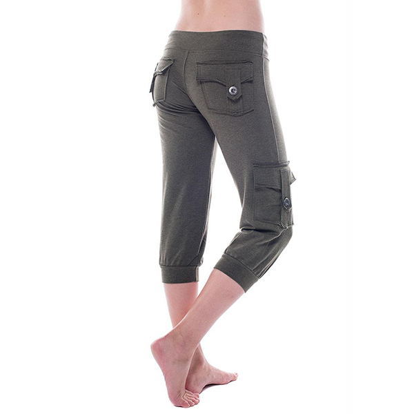 Yoga cropped pants with elastic waist button pockets