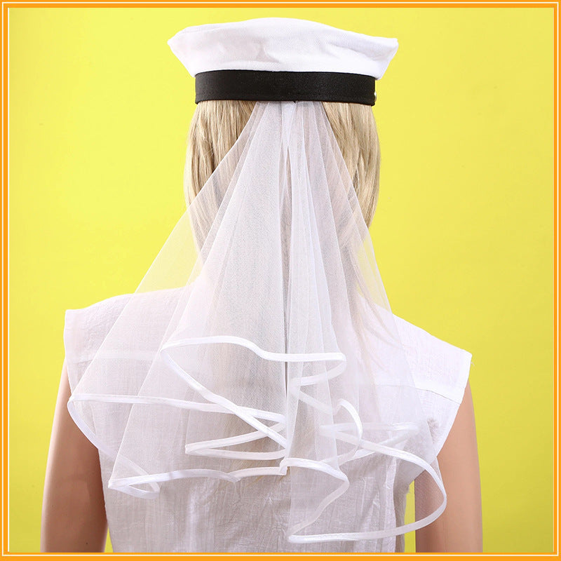 Bridal Party Navy Hatband Veil Embroidered Decoration